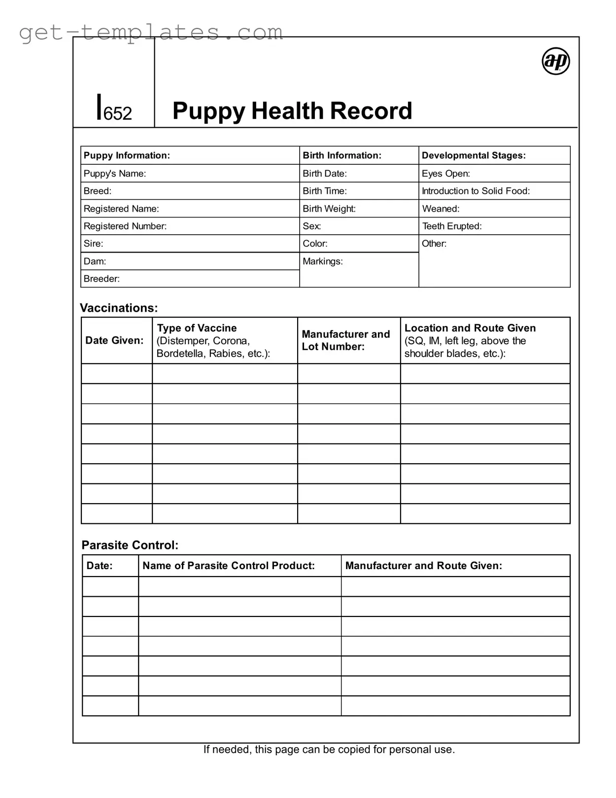 Fill in a Valid Puppy Health Record Template