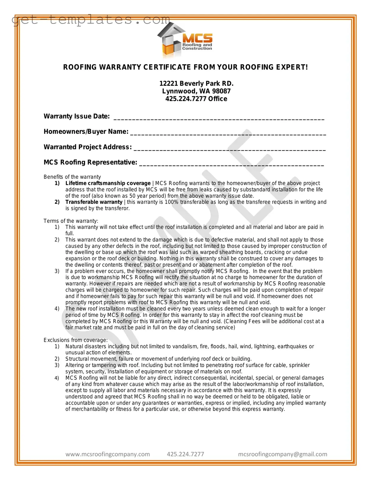 Fill in a Valid Roofing Warranty Certificate Template