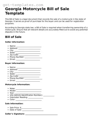 Attorney-Approved  Motorcycle Bill of Sale Document for Georgia