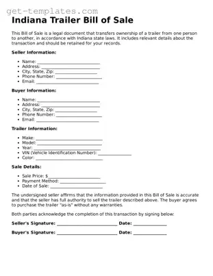 Attorney-Approved  Trailer Bill of Sale Document for Indiana