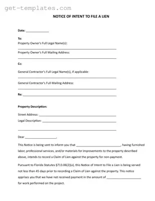 Fill in a Valid Intent To Lien Florida Template