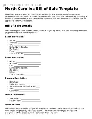 Attorney-Approved  Bill of Sale Document for North Carolina