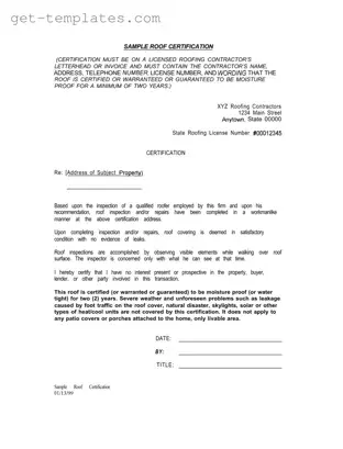 Fill in a Valid Sample Roof Certification Template