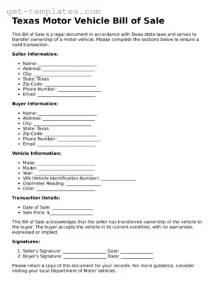 Attorney-Approved  Motor Vehicle Bill of Sale Document for Texas