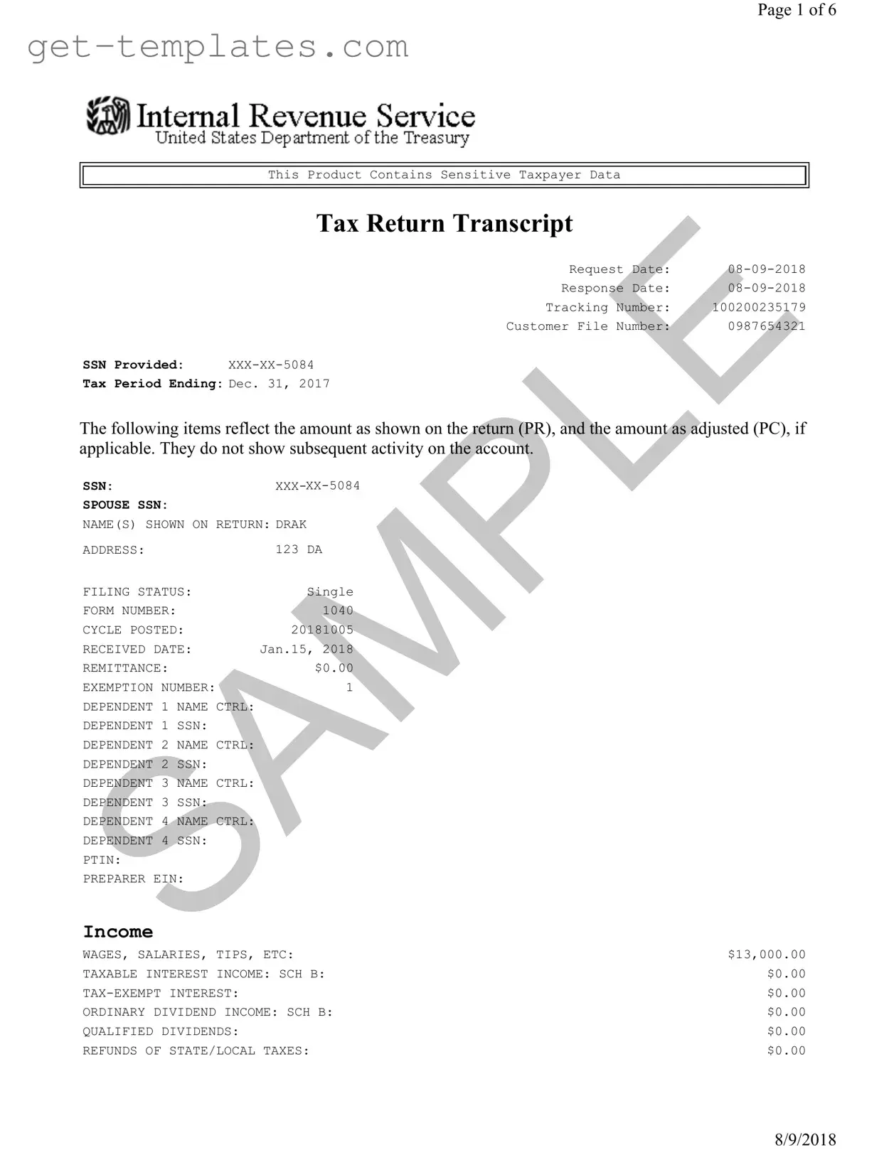 Fill in a Valid Sample Tax Return Transcript Template