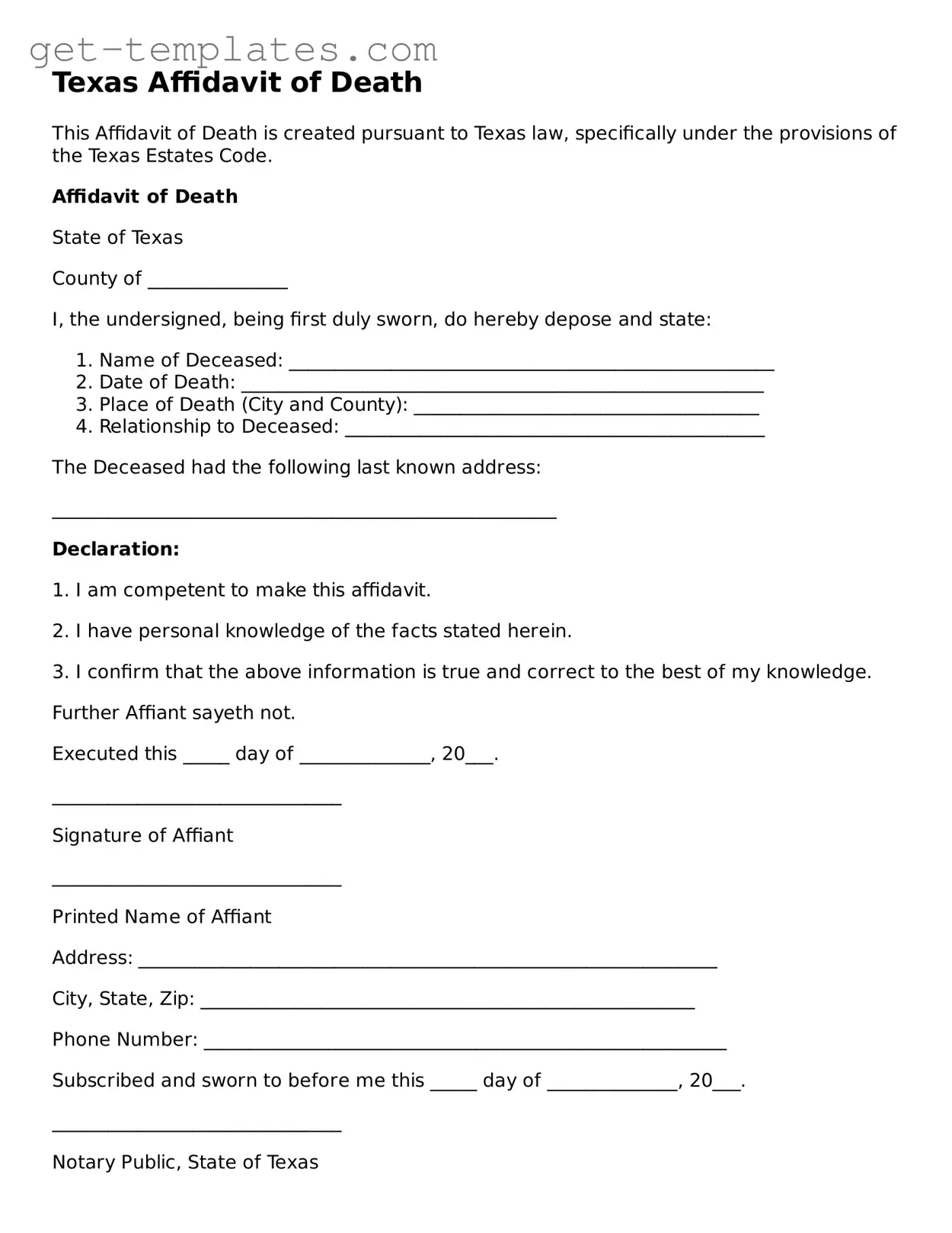 Attorney-Approved  Affidavit of Death Document for Texas