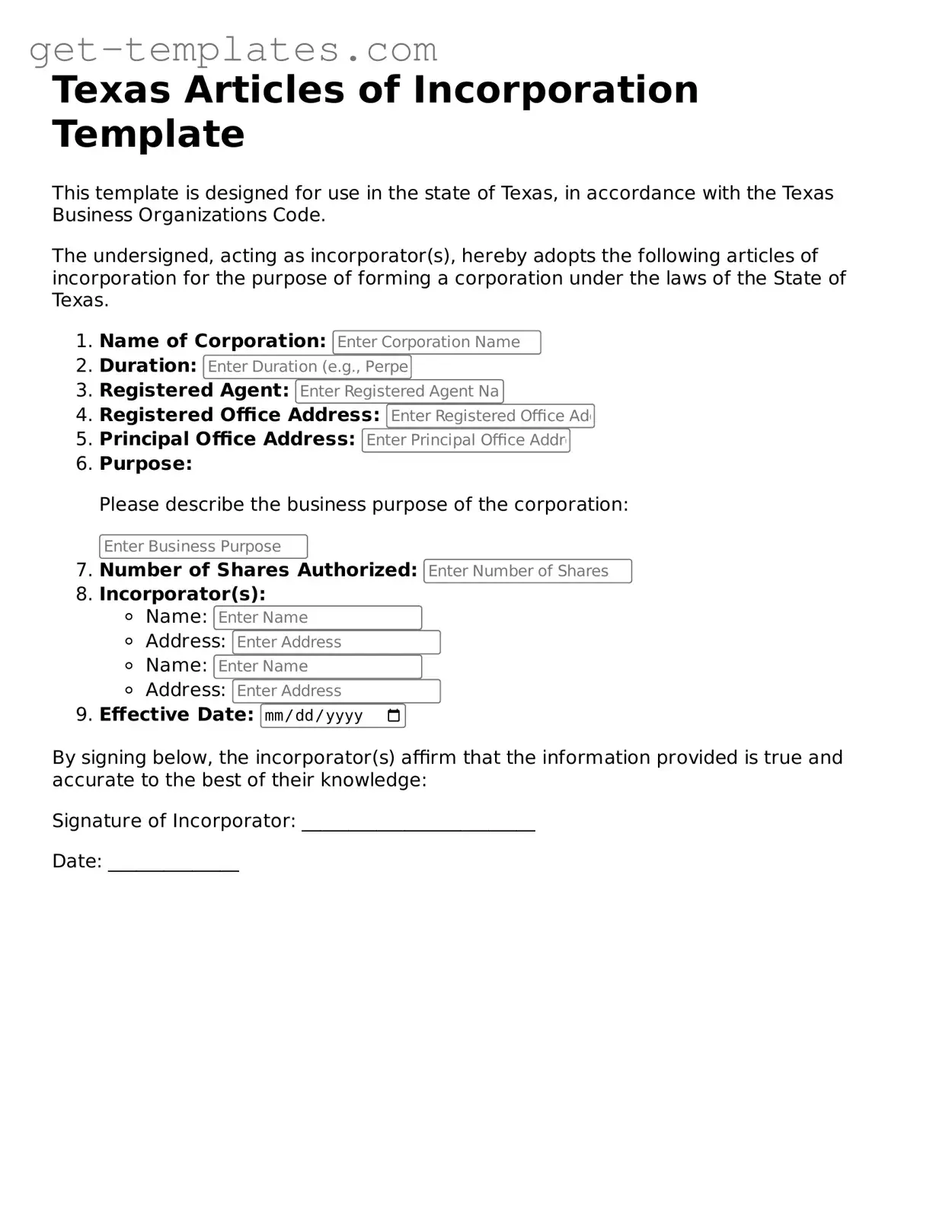 Attorney-Approved Articles of Incorporation Document for Texas