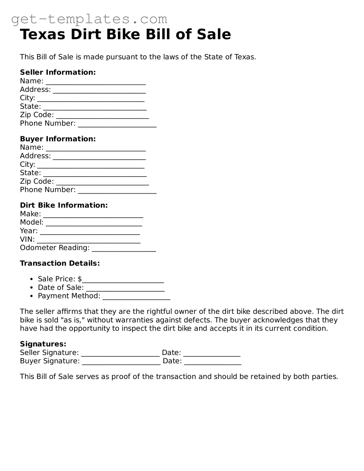Attorney-Approved  Dirt Bike Bill of Sale Document for Texas