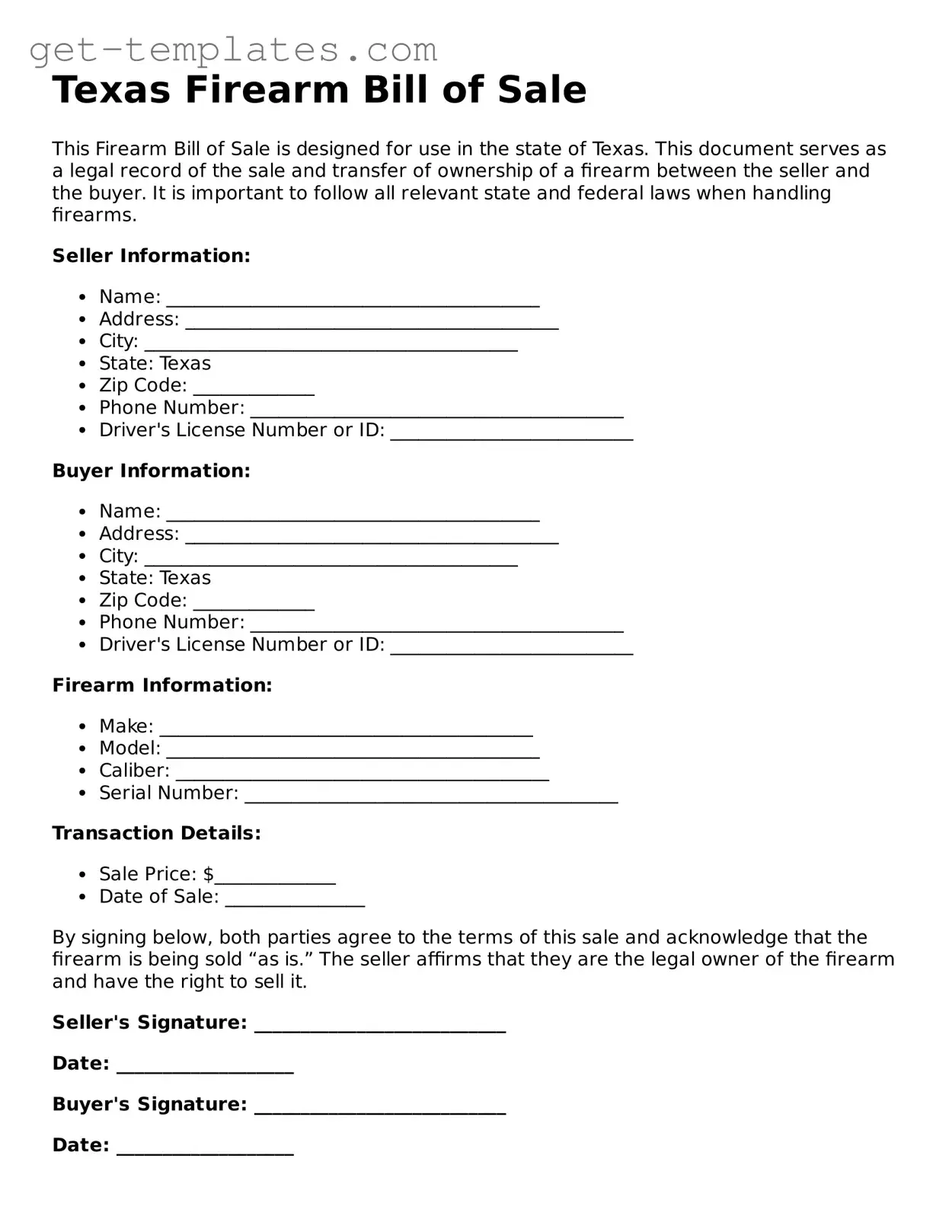 Attorney-Approved  Firearm Bill of Sale Document for Texas