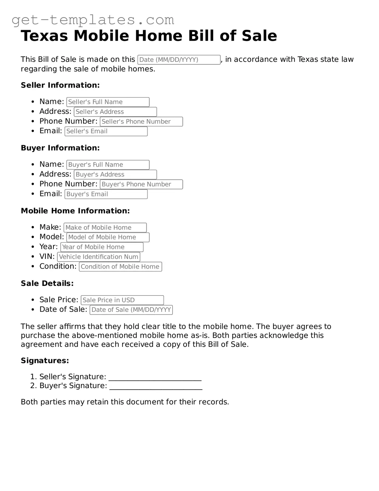 Attorney-Approved  Mobile Home Bill of Sale Document for Texas