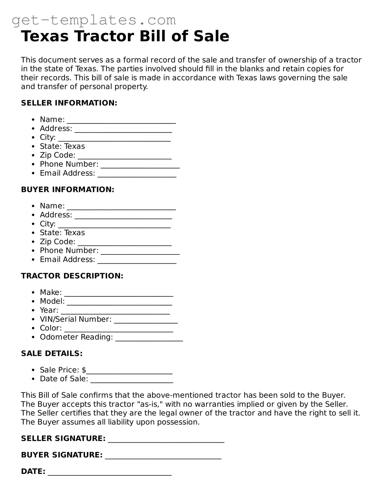 Attorney-Approved  Tractor Bill of Sale Document for Texas