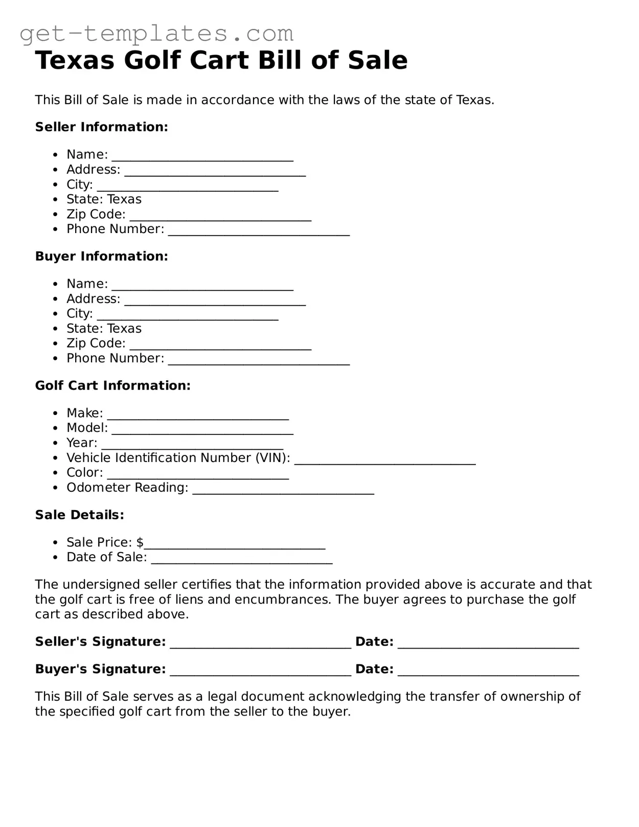 Attorney-Approved  Golf Cart Bill of Sale Document for Texas