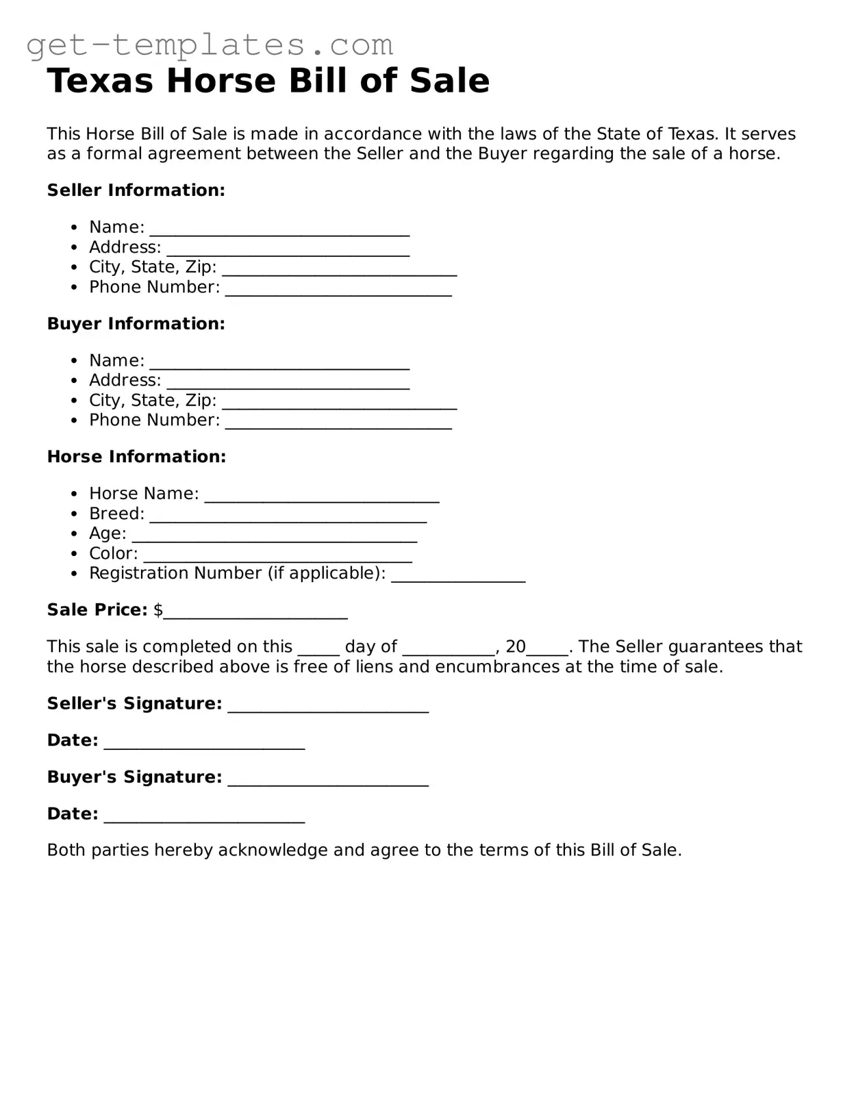 Attorney-Approved  Horse Bill of Sale Document for Texas