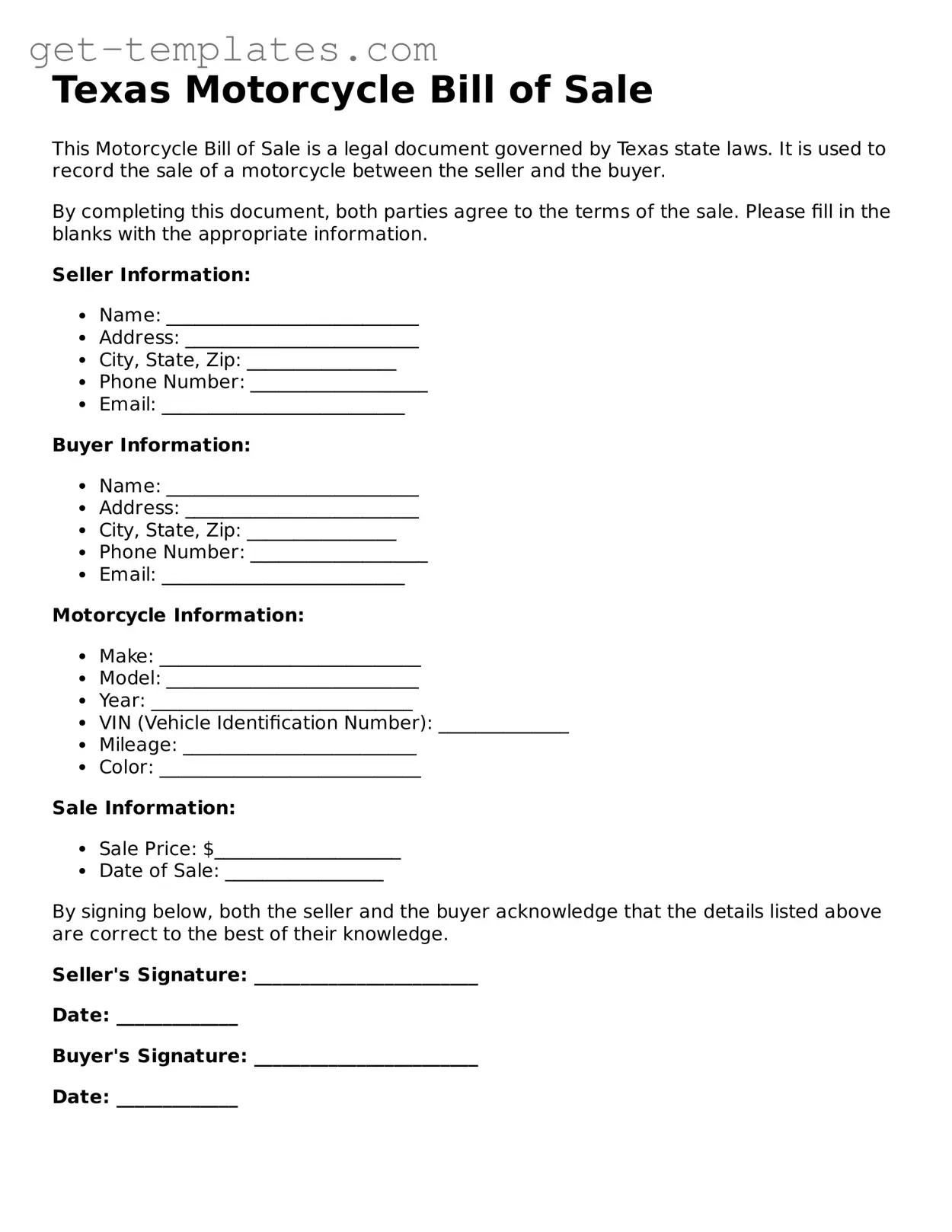 Attorney-Approved  Motorcycle Bill of Sale Document for Texas