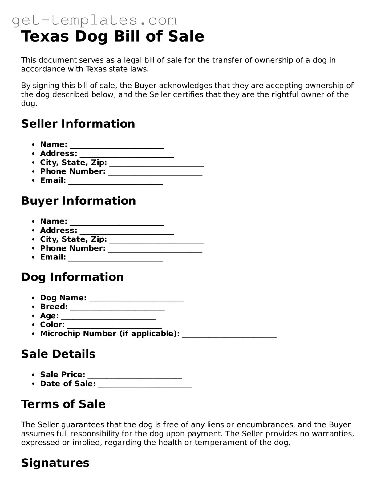 Attorney-Approved  Dog Bill of Sale Document for Texas