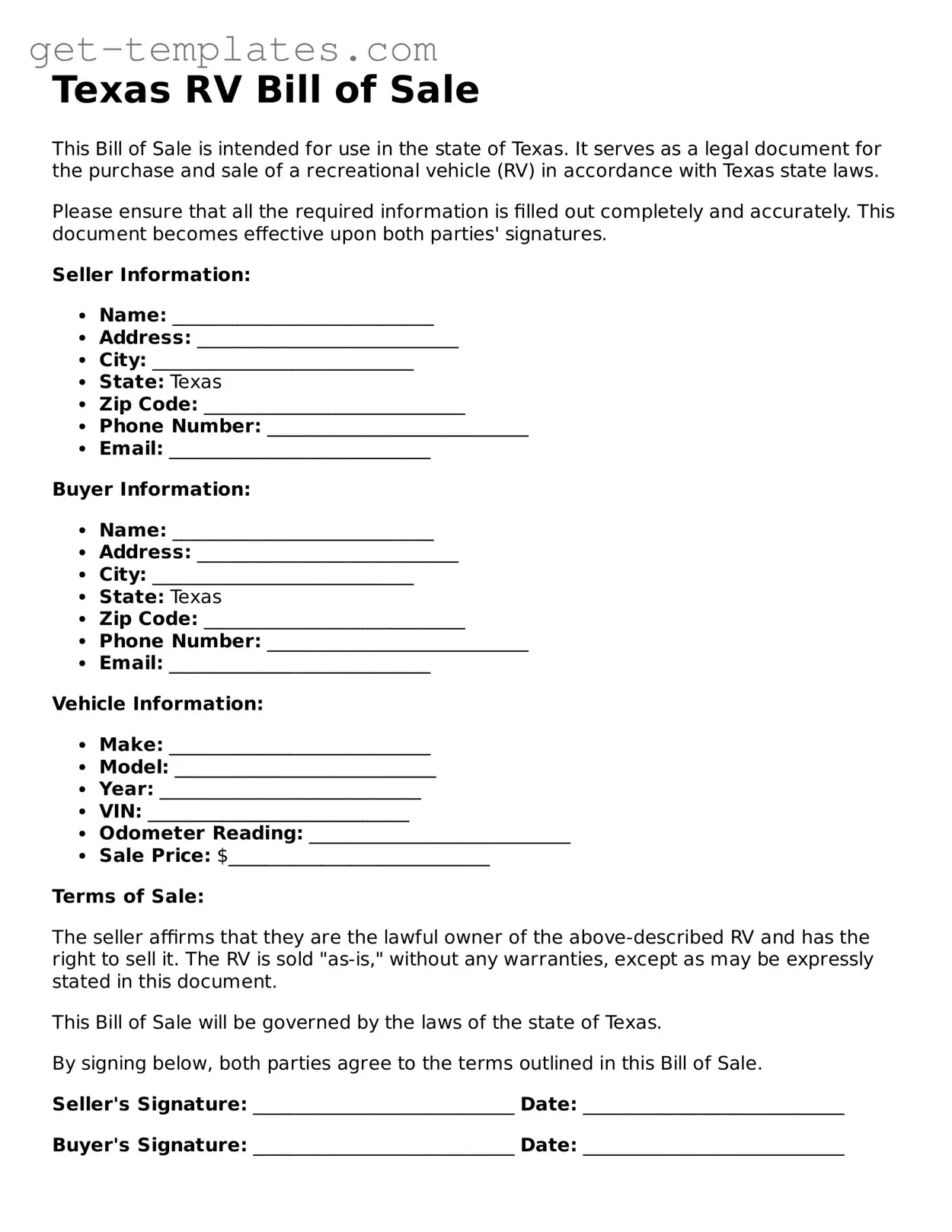 Attorney-Approved  RV Bill of Sale Document for Texas