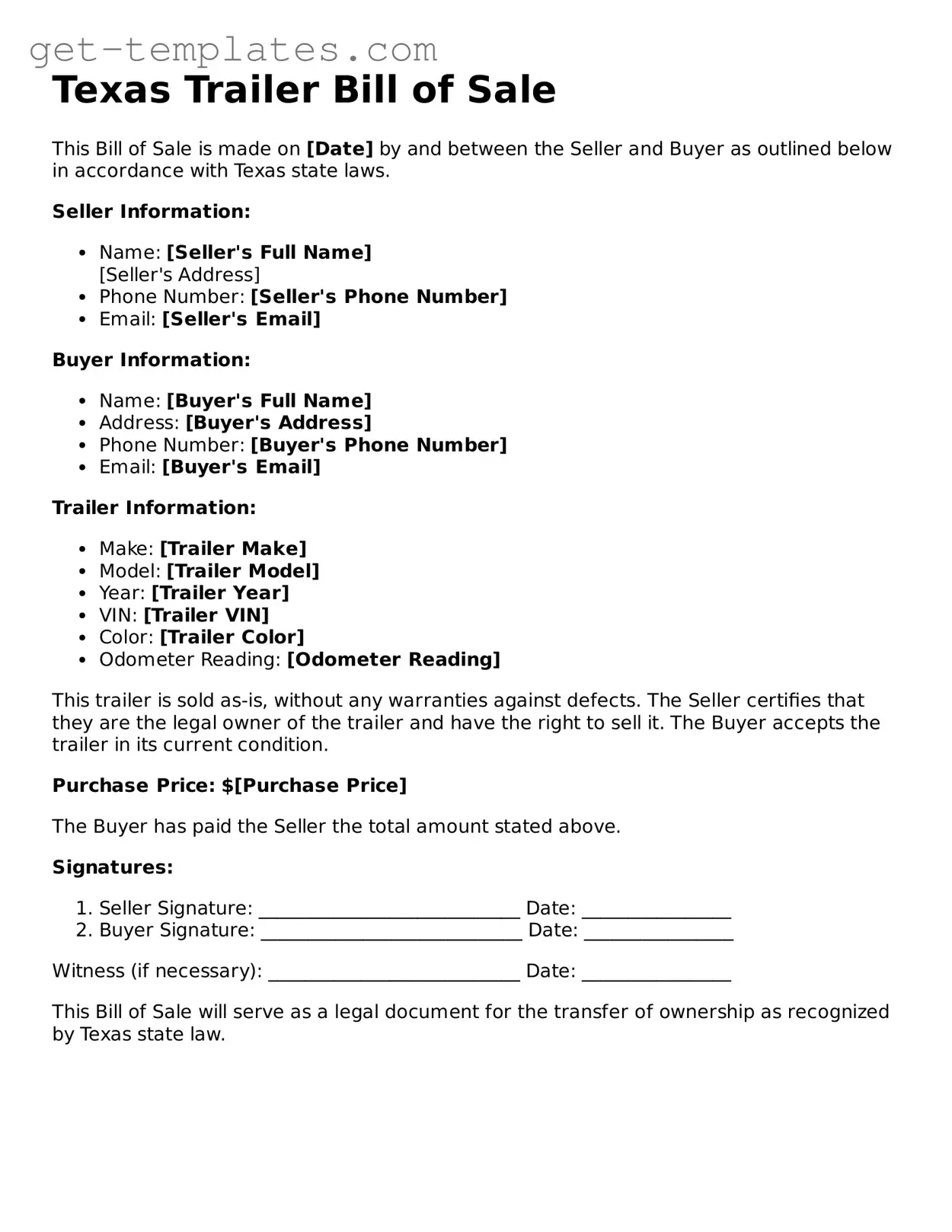 Attorney-Approved  Trailer Bill of Sale Document for Texas