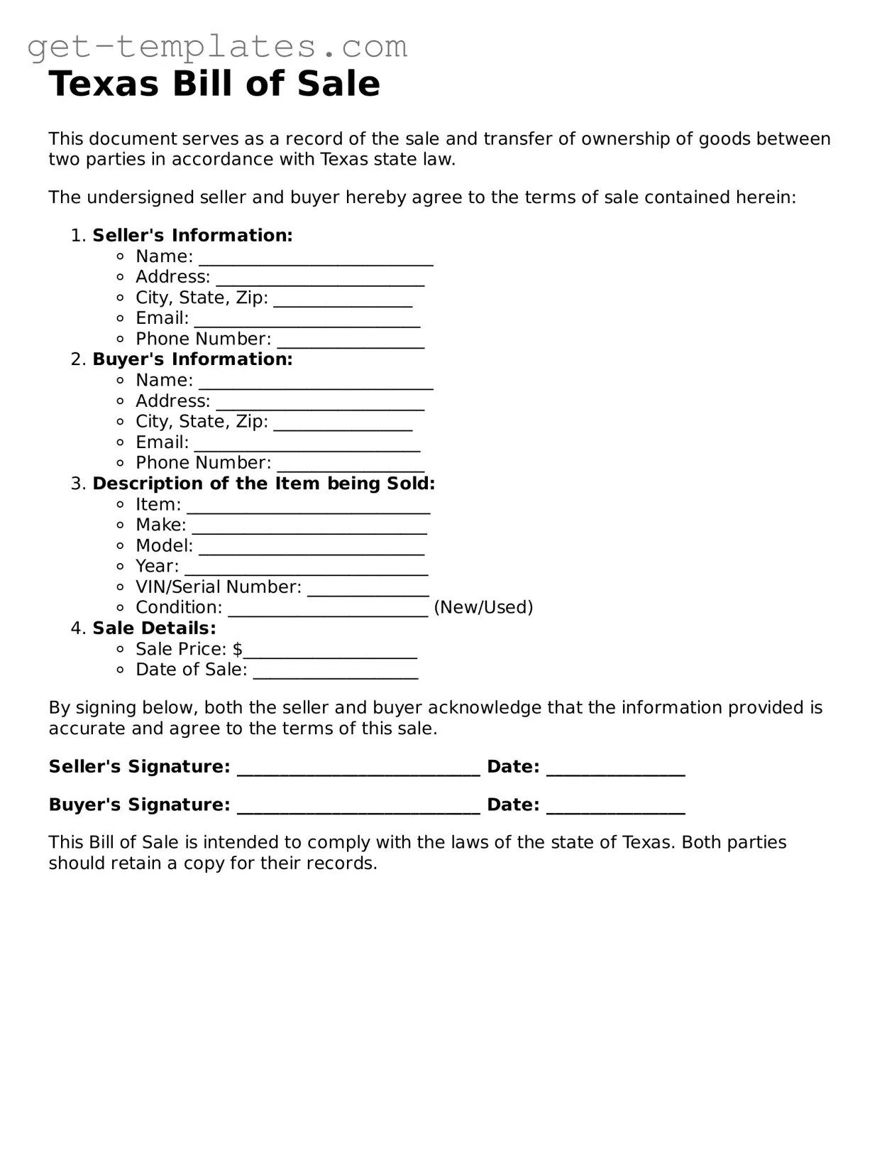Attorney-Approved  Bill of Sale Document for Texas