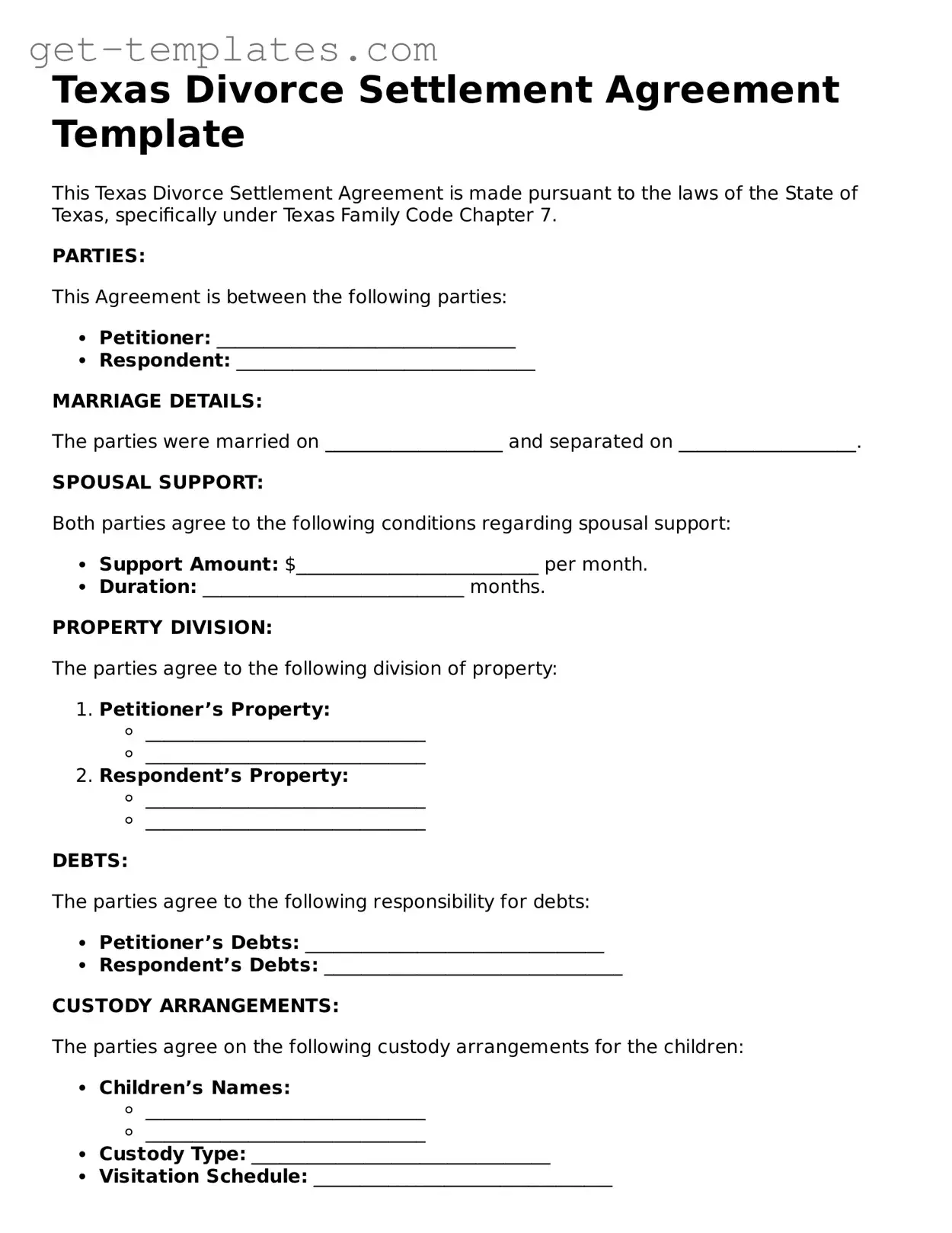 Attorney-Approved  Divorce Settlement Agreement Document for Texas