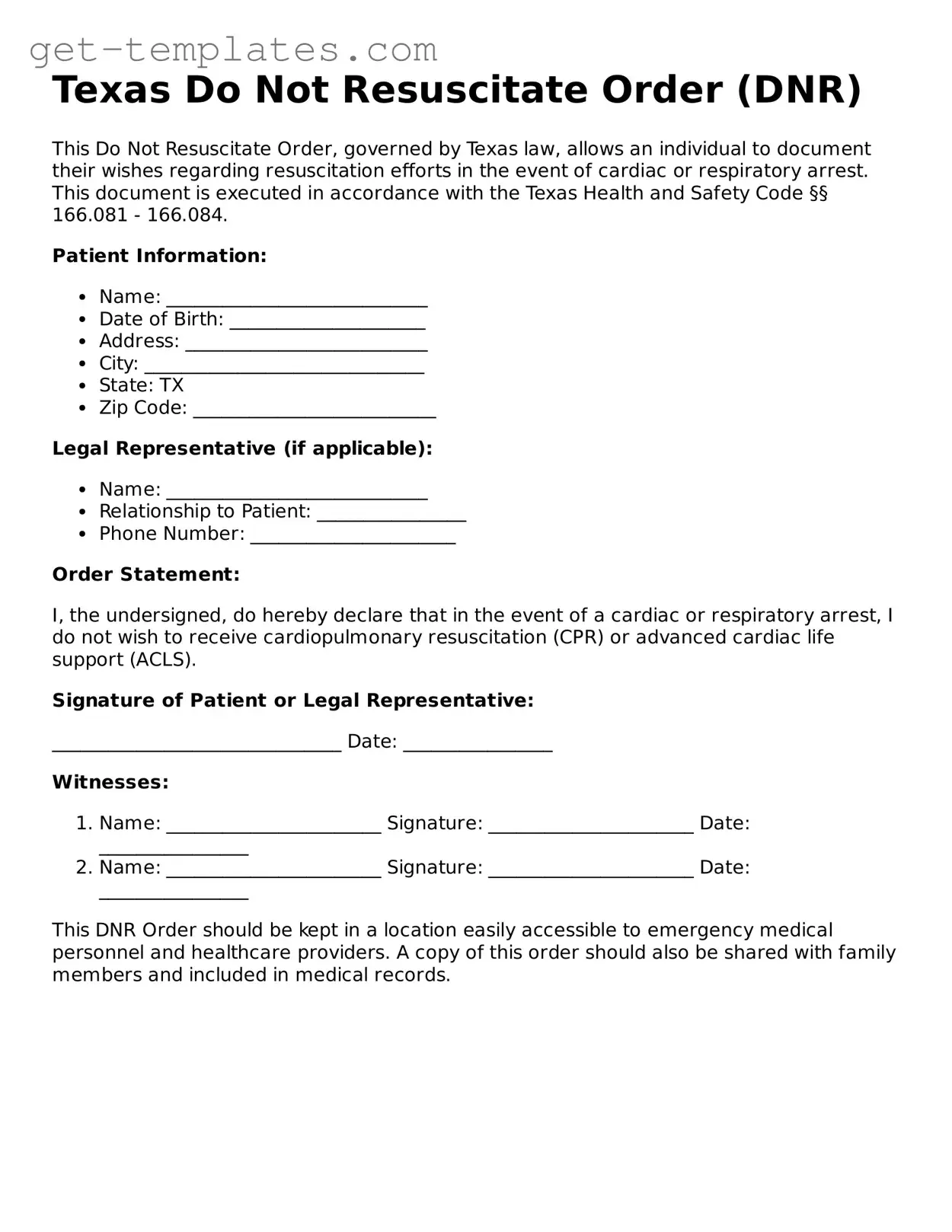 Attorney-Approved  Do Not Resuscitate Order Document for Texas
