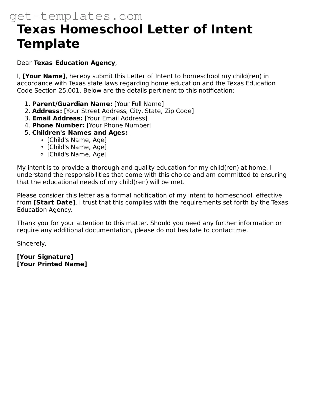 Attorney-Approved  Homeschool Letter of Intent Document for Texas