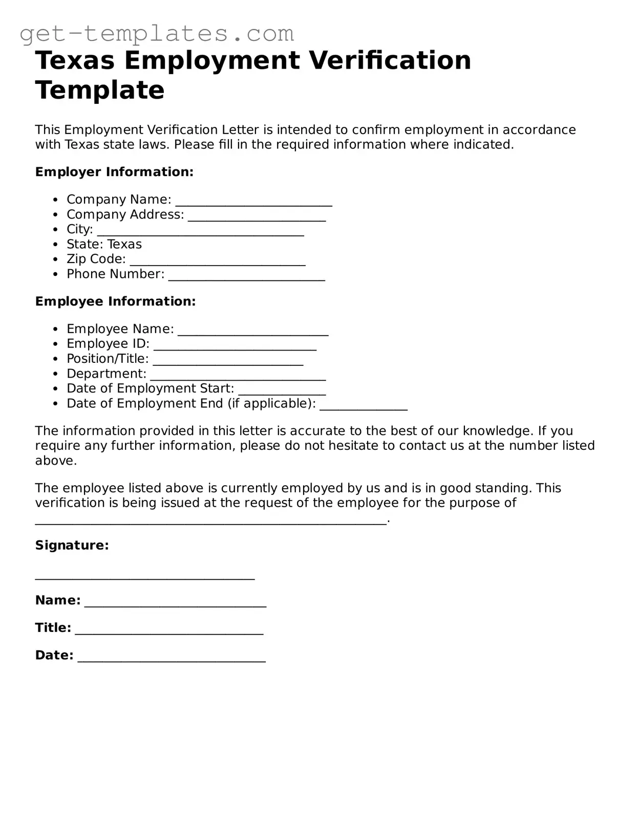 Attorney-Approved  Employment Verification Document for Texas