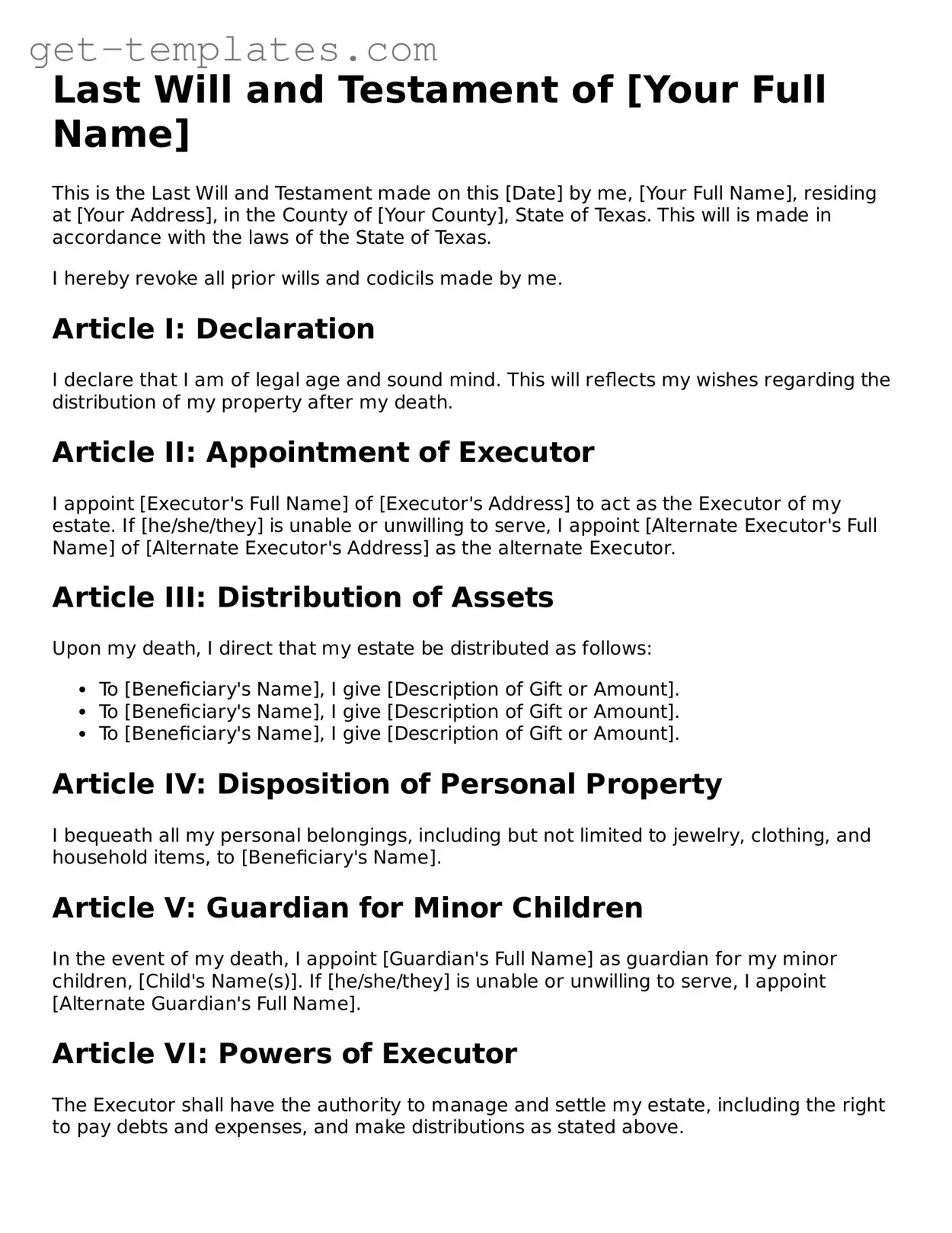 Attorney-Approved  Last Will and Testament Document for Texas