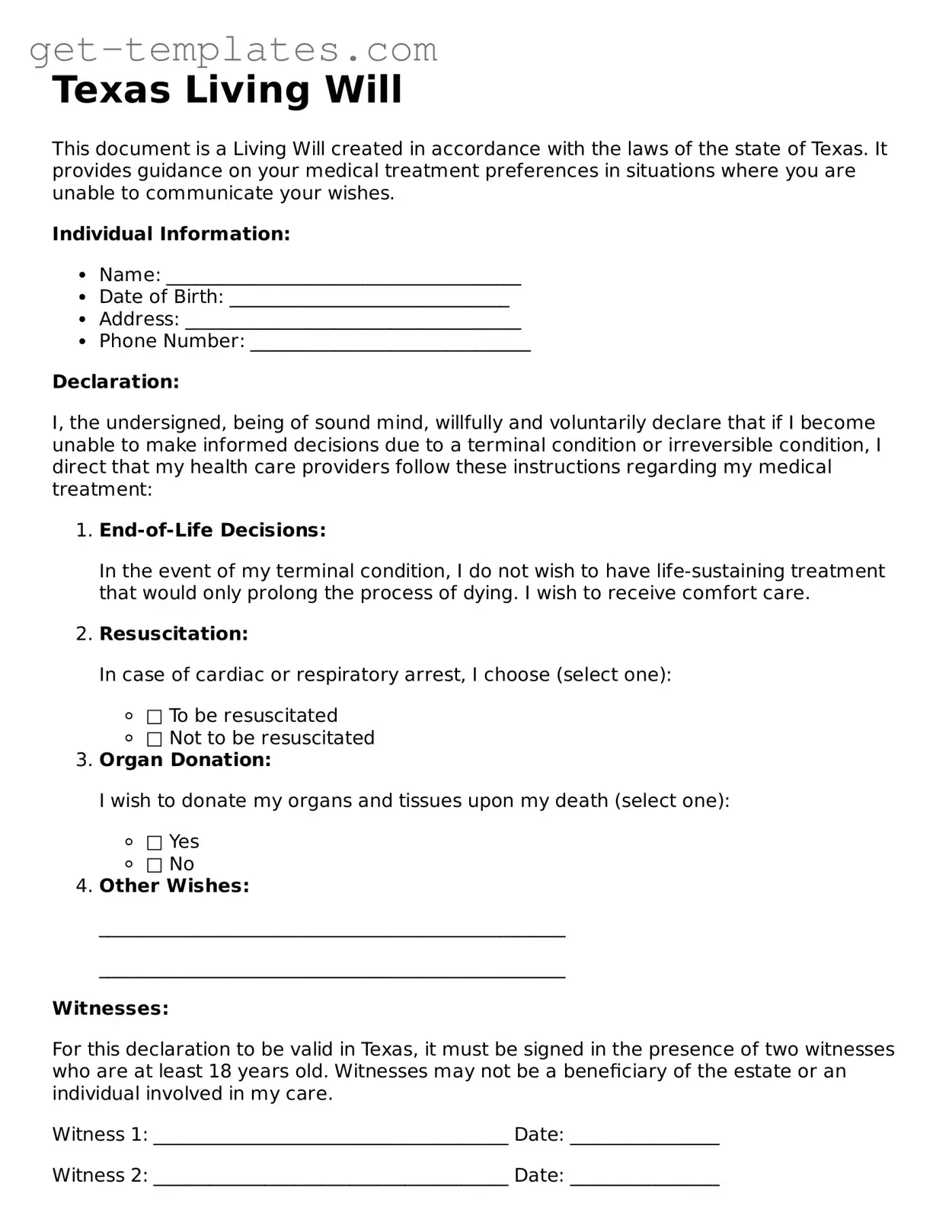 Attorney-Approved  Living Will Document for Texas