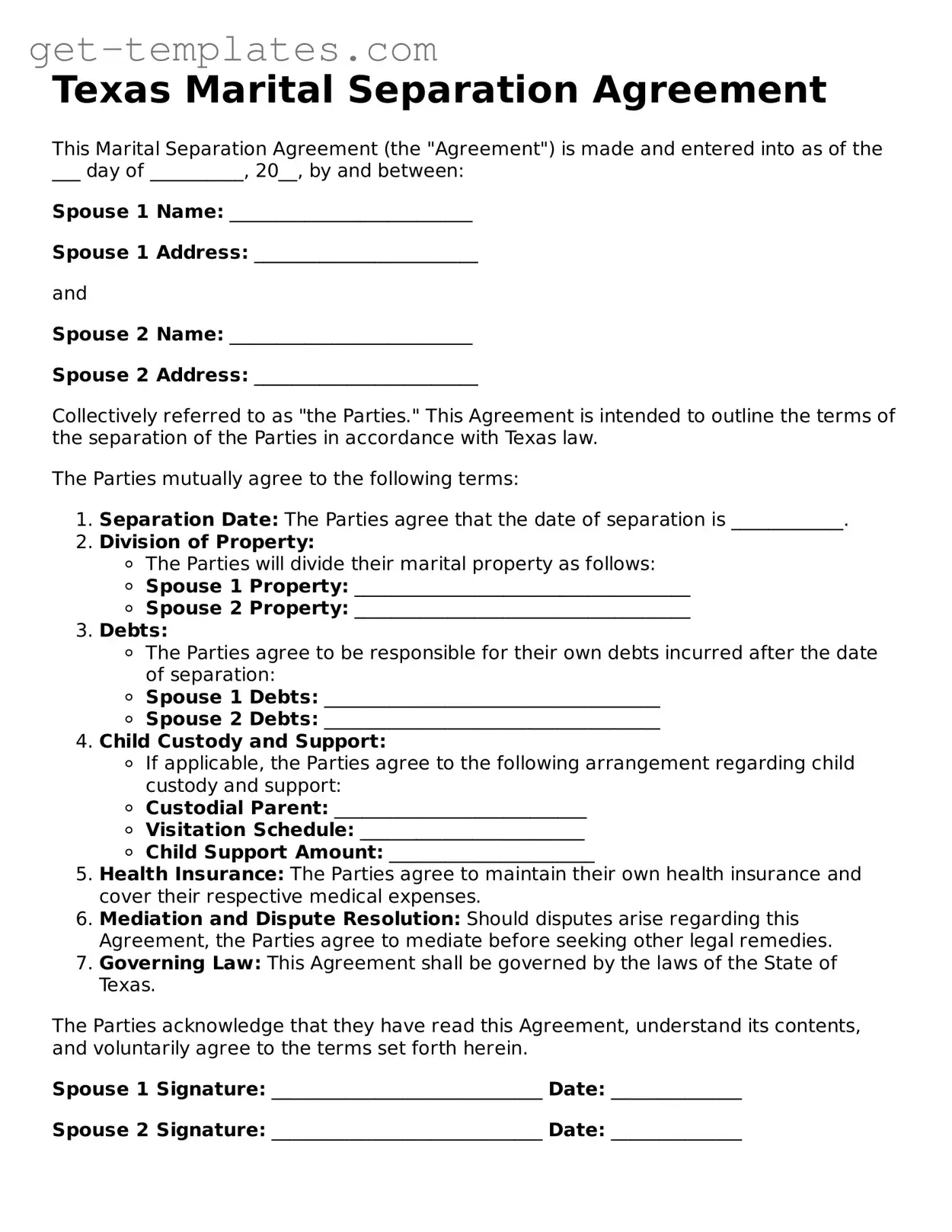 Attorney-Approved  Marital Separation Agreement Document for Texas