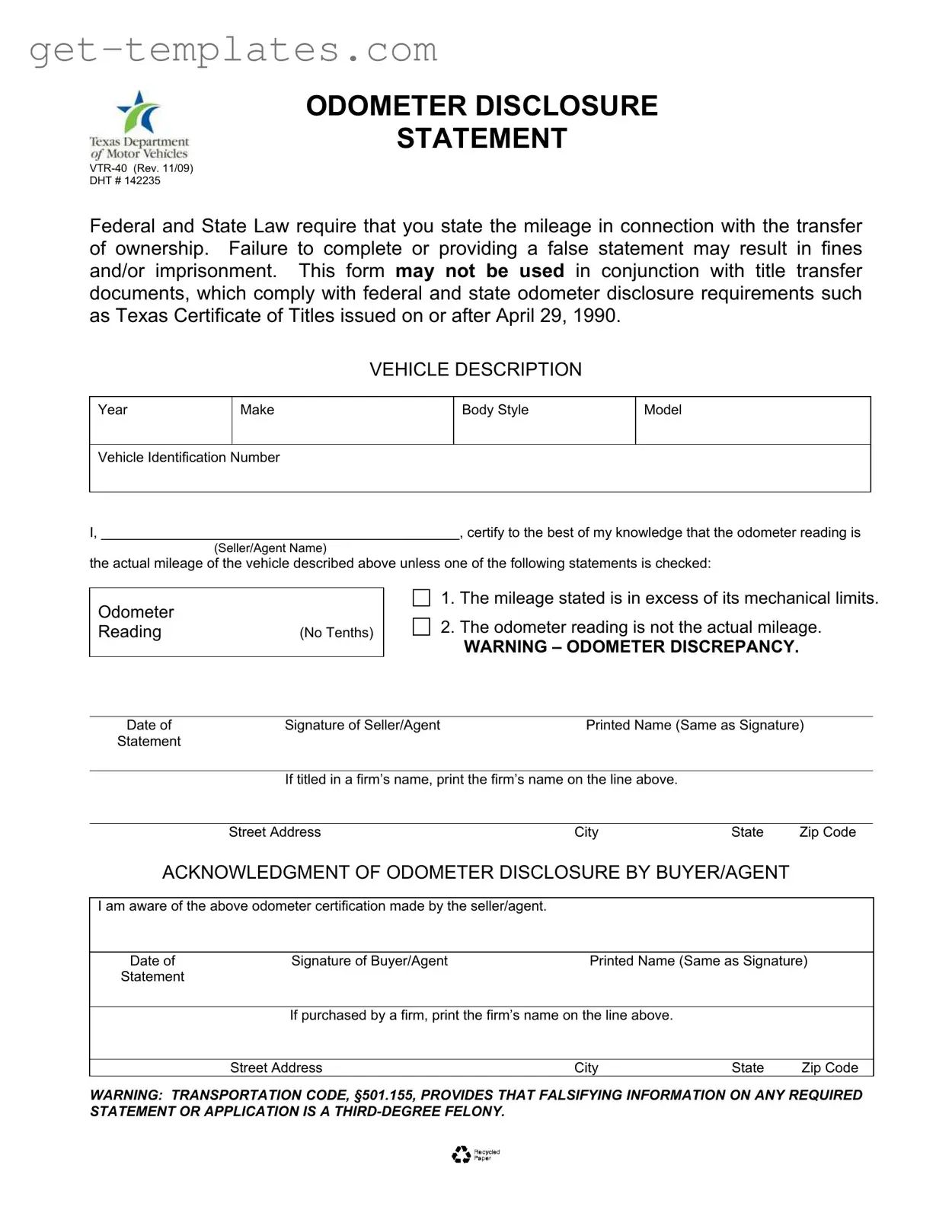 Fill in a Valid Texas Odometer Statement Template