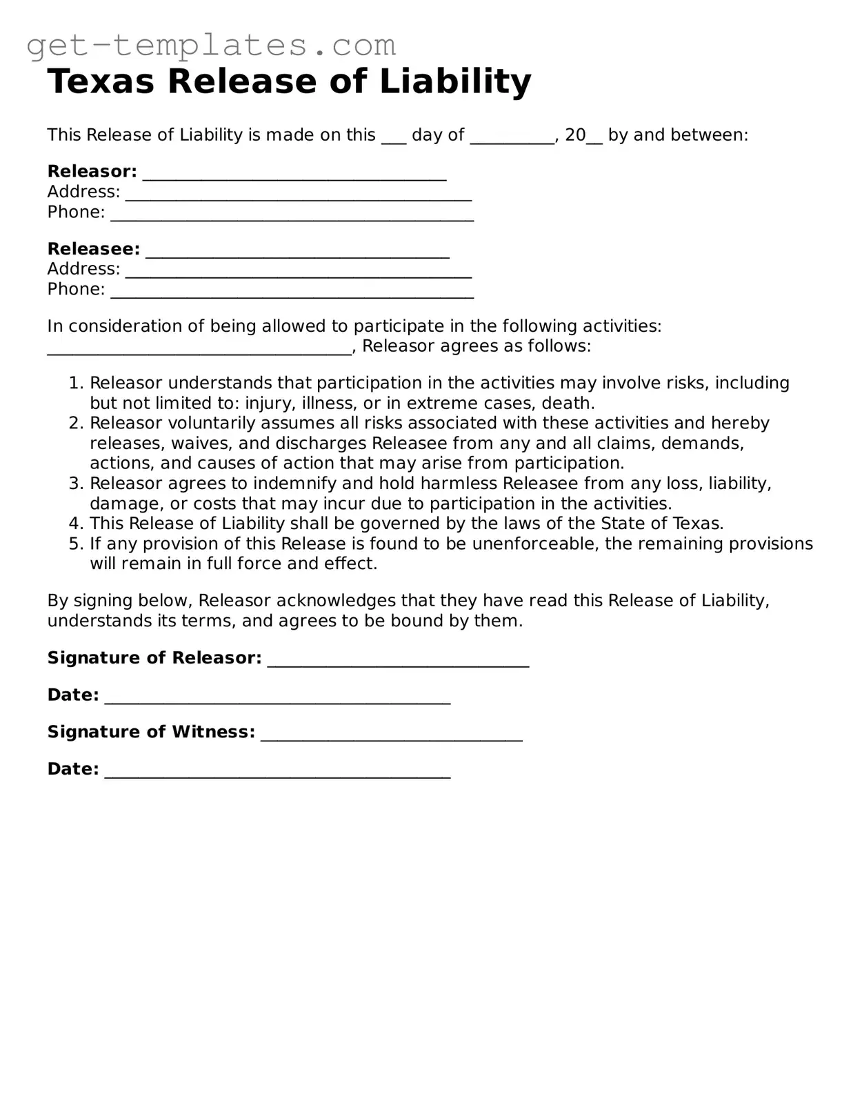 Attorney-Approved  Release of Liability Document for Texas