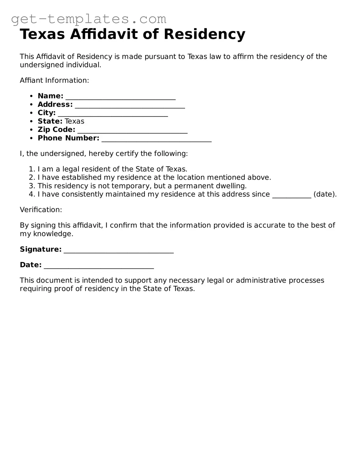 Attorney-Approved  Affidavit of Residency Document for Texas