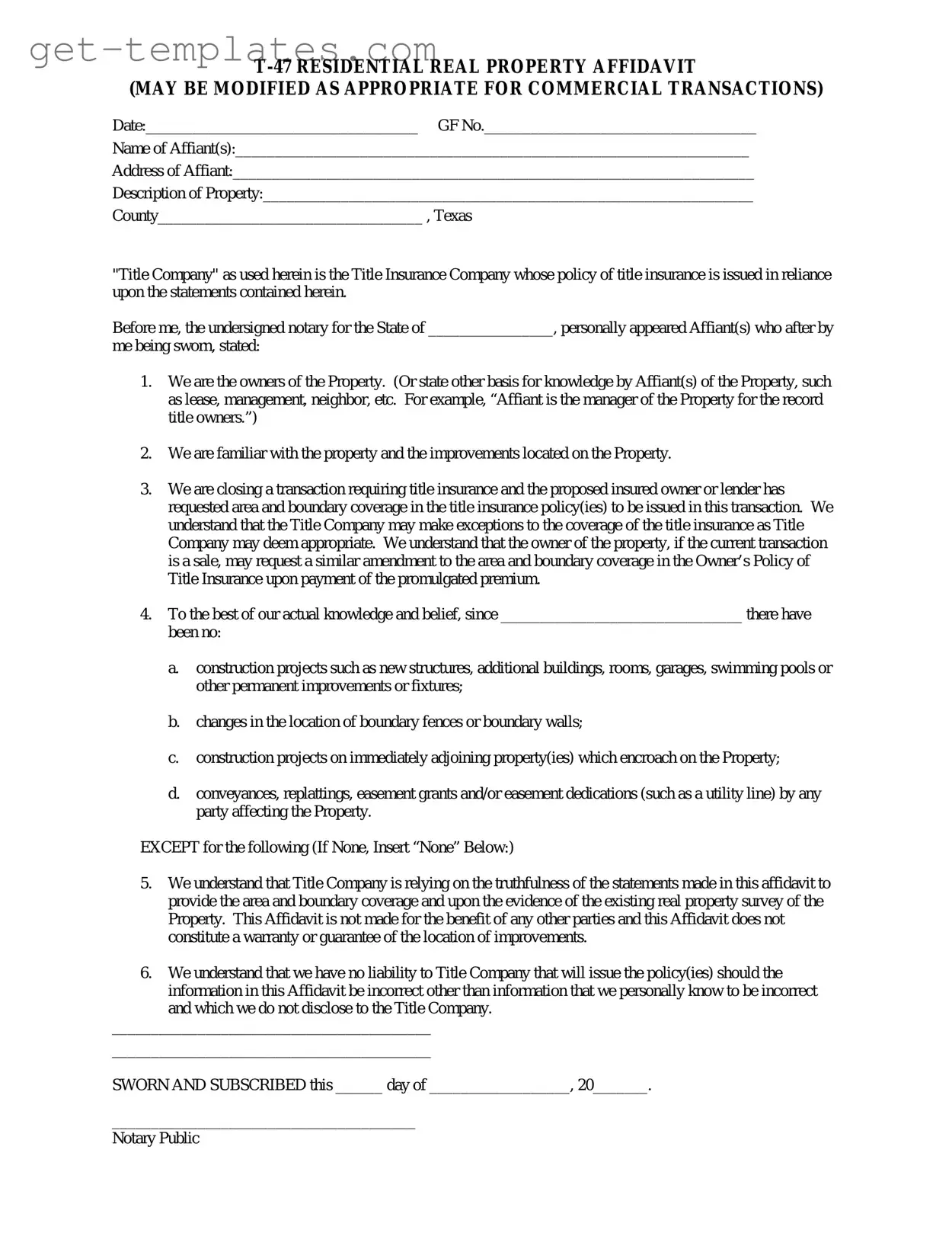 Fill in a Valid Texas residential property affidavit T-47 Template