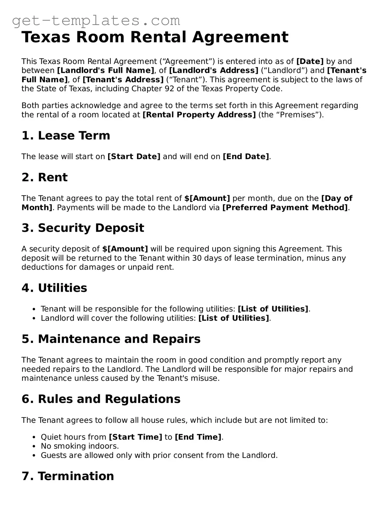 Attorney-Approved  Room Rental Agreement Document for Texas