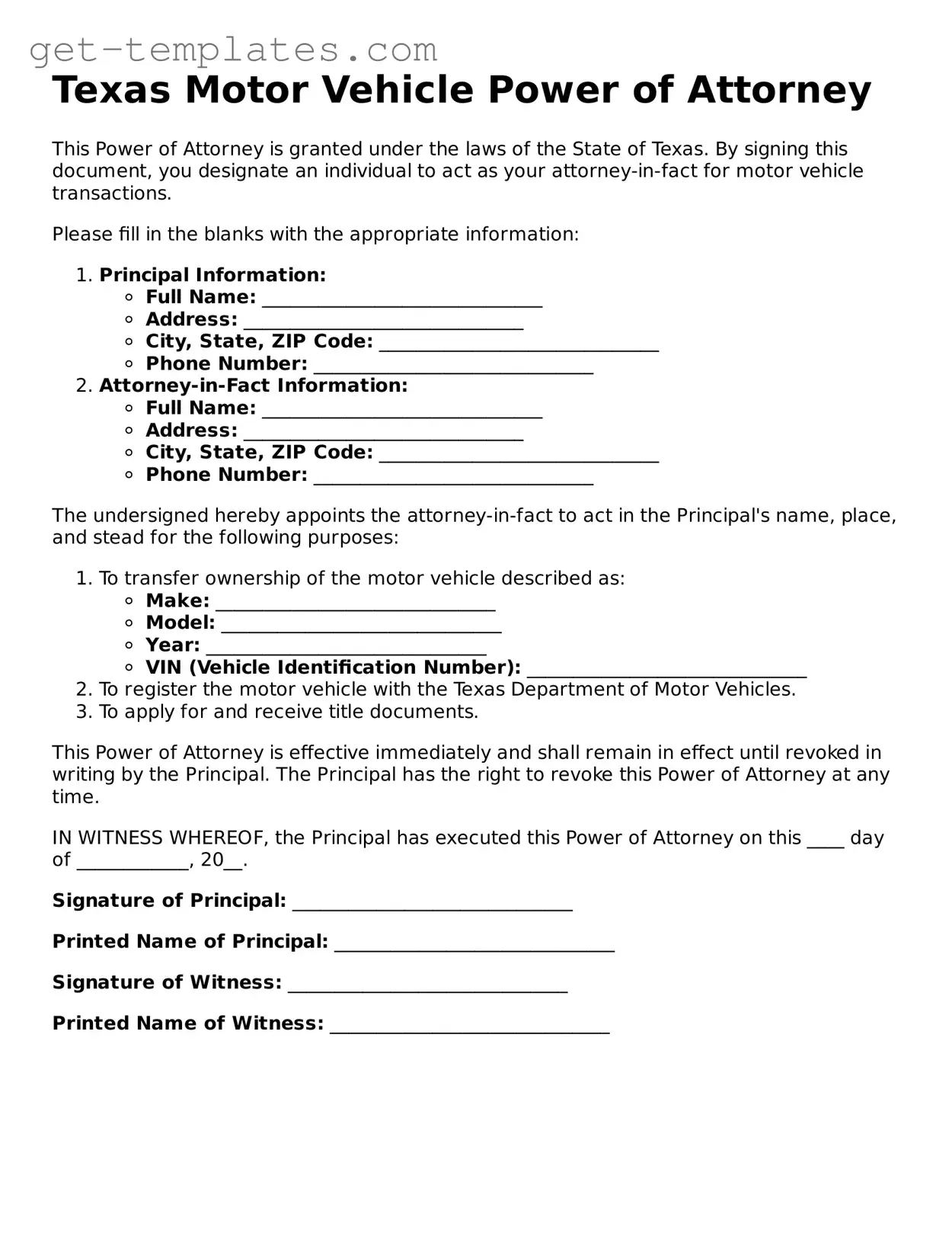Attorney-Approved  Motor Vehicle Power of Attorney Document for Texas