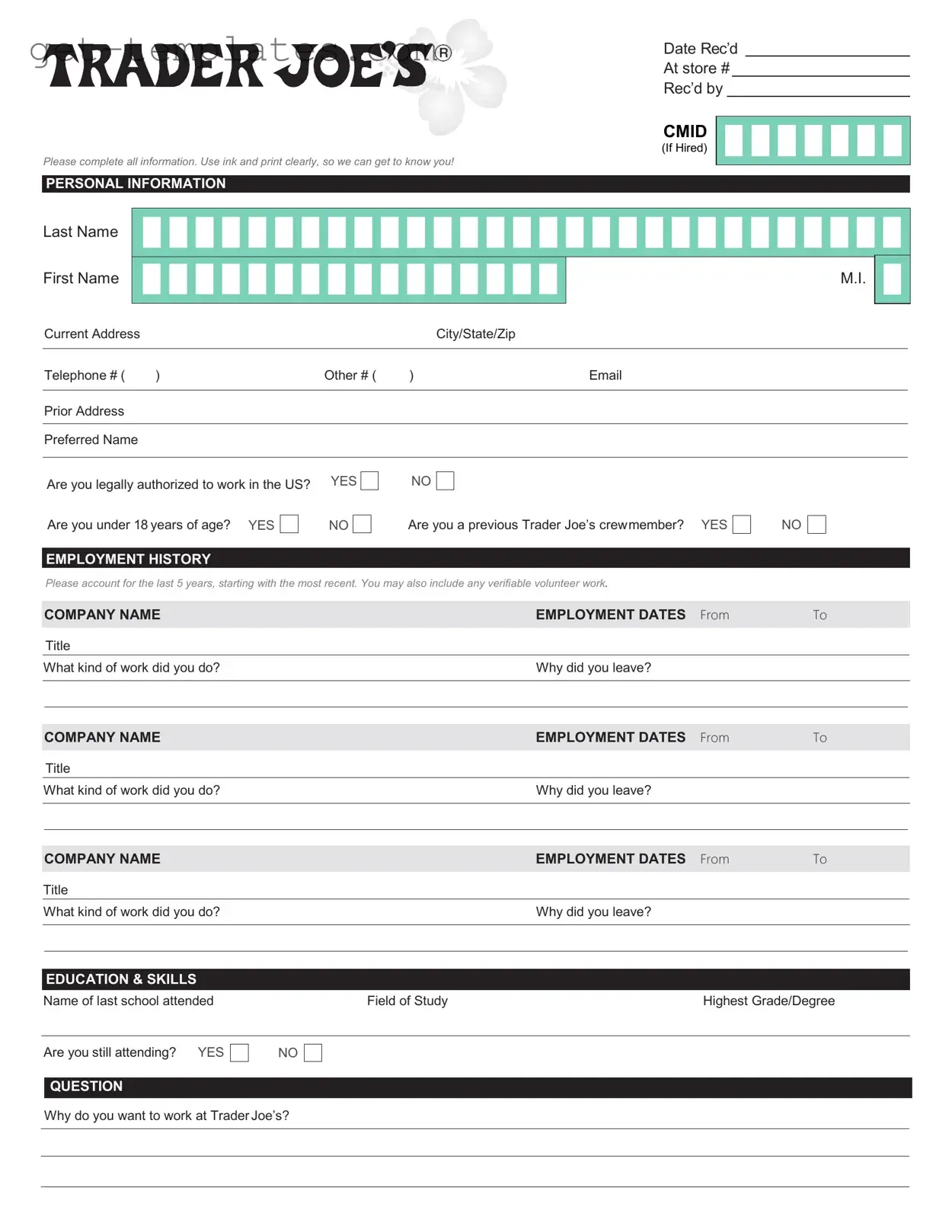 Fill in a Valid Trader Joe's application Template