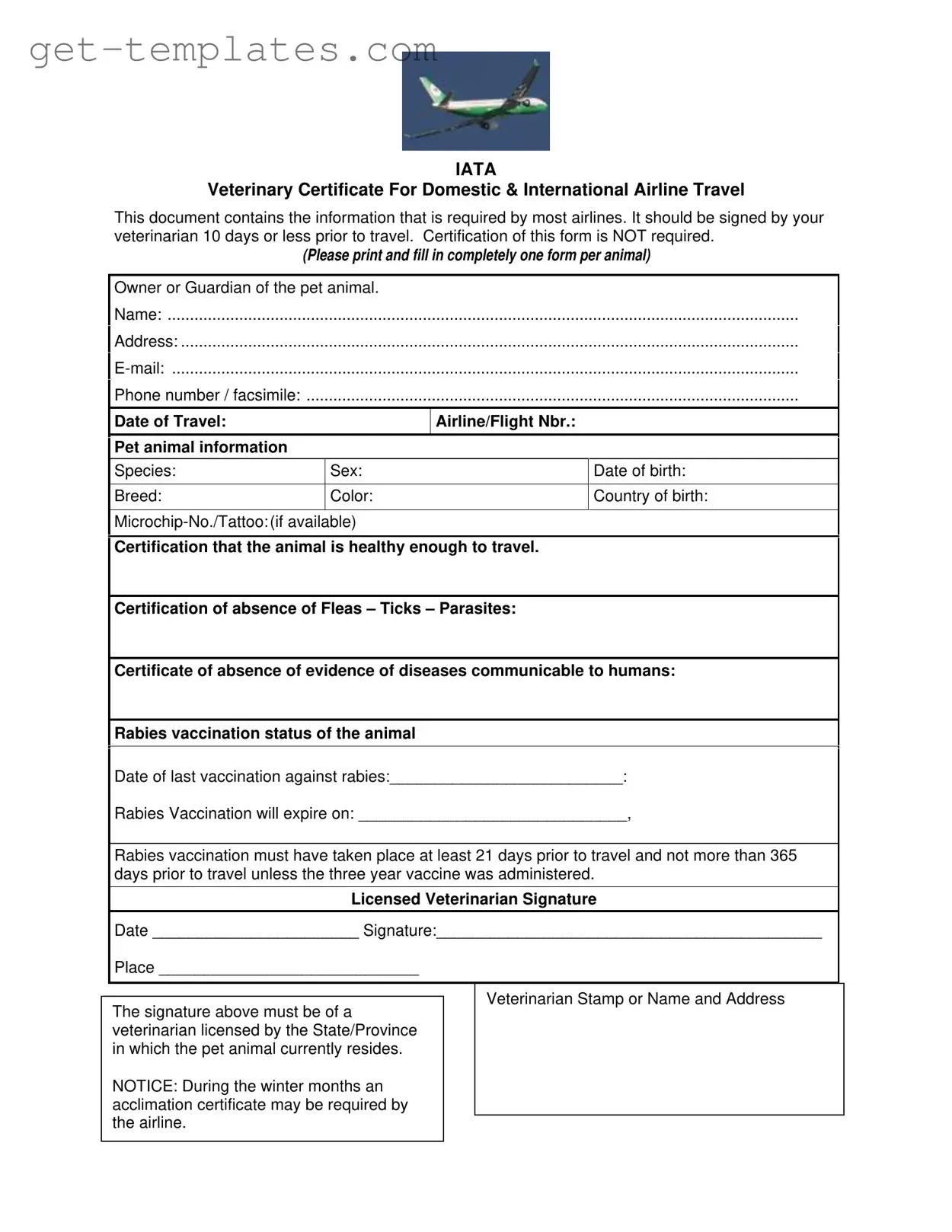 Fill in a Valid Veterinary Certificate Travel Template